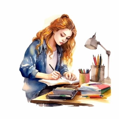 watercolor style, teenage girl learning at the perfectly organized desk, realistic, clipart, isolated on white background, 4K