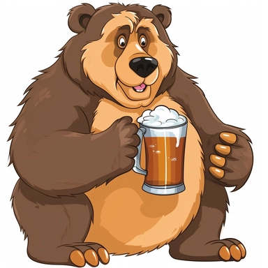 clipart of a bear drinking a big mug of beer on a white background