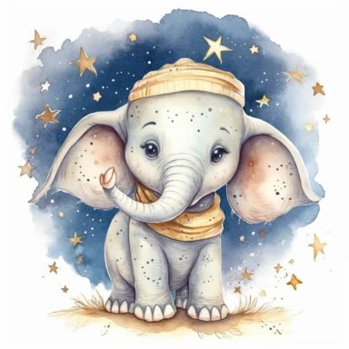 clipart de acuarela de dibujo infantil de elefante con luna y estrellas amarillassobre fondo trasero blanco, super detallado, 16k, full color, fotorealista, obra maestra, manchas de acuarela