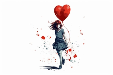 cute beutiful girl, red half of the heart shape balloon geometric minimalist , valentine's day, top view, running in Tokyo, ink, Ghibli style, 8k, Leyka 35mm very detail clipart on white background space out 8k