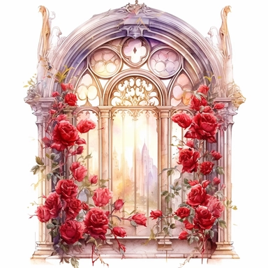 watercolor, white background, clipart, watercolor, white background, ultra-realistic and hyper-detailed clipart beautiful window surrounded by red roses, red and rich gold hues