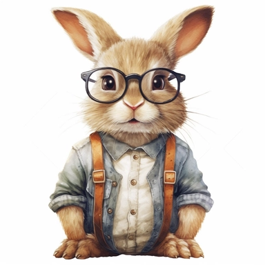 a cute rabbit clipart,unique outfit , different breed , full body , unique pose,wears glasses,have wardobes , white background , watercolors image , no other elements, clean shapes ,center and middle, cute