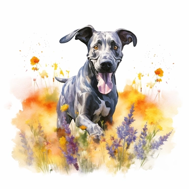 Great Dane playfully running through a field of wildflowers, its ears and tongue flying in the wind, portraying its playful and energetic nature, white background, watercolor clipart.