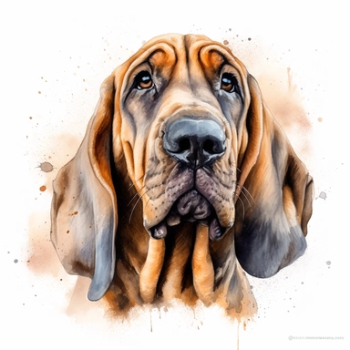 cute Bloodhound dog portrait, full face, centered shot, side shot, dynamically posed, in action, playful mood, happy mood, playing mood, cute face, adorable smile, childlike eyes, clean watercolor illustration, white background, nursery baby imagery, painting, detailed, 8k, PNG, clipart,