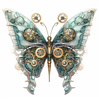 A delicate butterfly with wings detailed with intricate clockwork gears and cogs, with its colors echoing the shine of Sea Green and Antique White watercolour clipart, white background, no watermarks