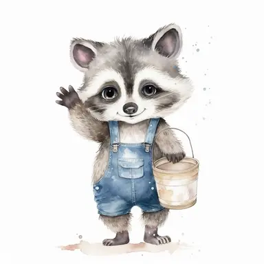 an active baby raccoon with kind eyes clipart with watercolor illustration,full body shot,8k,etsy style, white background