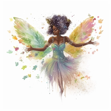 african american fairy, large sparkling wings, spring elements, sparkling magic dust sprinkling down, fantasy, magic, Fantasy Clipart, PNG Clipart, Illustration clipart, white background, vivid colour, 4K, extremely detailed