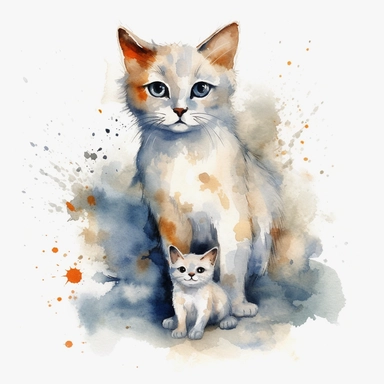 cat Mom and Baby Watercolor Clipart Graphic, 4k white background