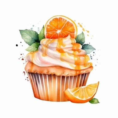 orange cupcake, watercolor clipart, minimalist, bright colors, isolated white background, 8k