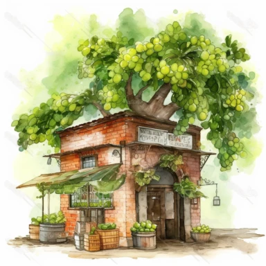 create a beatiful watercolor clipart illustration of and old fashion fruit stand old brick style store next to a large beautiful key lime tree disney style highly detailed illustration, with alot of vines, branches and full of ripe limess, no text, no font, white background