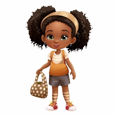cute cartoon African american kindergartener girl clipart on white background