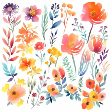 watercolor Floral Clip Art - Vibrant and Bold / Hand Painted / Bohemian / Summer - Offer a set of watercolor floral clip art in a bright and bold color scheme, with a focus on bohemian-style floral designs that would work well for summer-themed projects such as posters, flyers, or social media graphics., spring clipart, single design, 8k