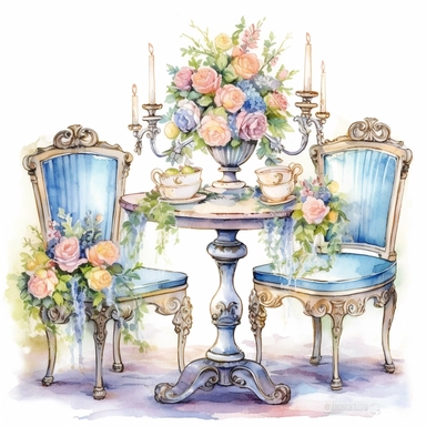 Make a clipart of a fairytale watercolor french country kitchen table, rococo, with bright pastel colors of blues and green, pink roses, gold accents, black outlines, hd, white background