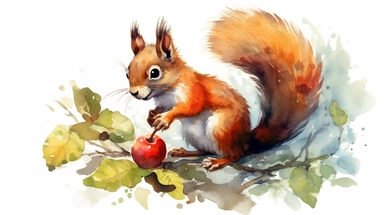 cute Squirrel on tree eating fruit watercolor png clipart