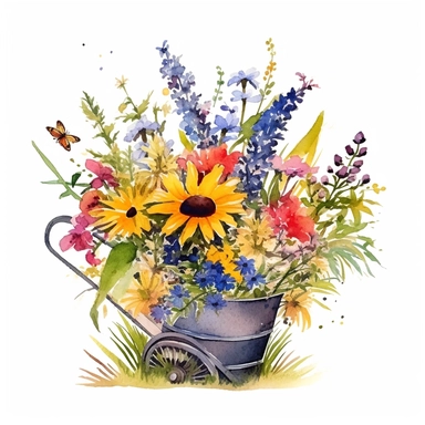 Watercolour Meadow-Inspired bouquet Extra large, Create a meadow-inspired arrangement by combining native UK and American flowers that bloom in meadows, Mix cowslips, cornflowers, and red campions from the UK with black-eyed Susans, goldenrods, and butterfly weeds from Americaplanted in a Metal wheelbarrow watercolour flower arrangement, clipart, vector, intermingled with greenery, white background, no captions, no vase, flower bed setting, aspect 2:2 repeat 5