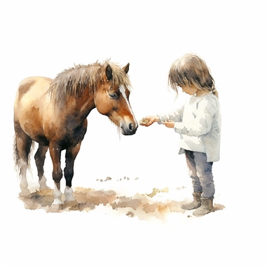 realistic watercolor drawing of a woman hand feeding a pony on a charming farm, on a white background where the background will be removed to repurpose as a clipart.