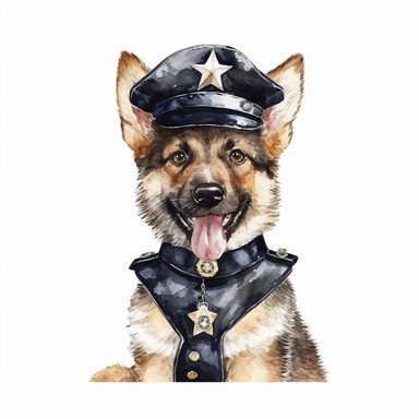 watercolor clipart, vey cute happy german shepherd, in style police sheriff, full body, Police Badge, Police Uniform, Duty Belt, sheriff Hat or Cap with star, hyper detailed, 300 dpi, 8k, white background, high solution, no watermark