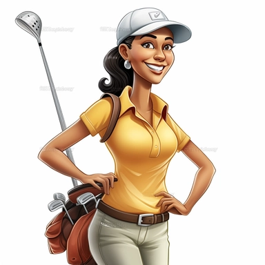 clipart of happy beautiful hispanic female golfer, non pink outfit, cartoon, 8k, white background, stickers, High resolution 300DPI