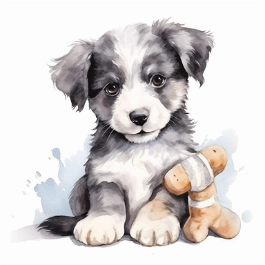 Watercolor puppy playing, with cuddly toy bone Clipart - cute puppy , Colour of black and silver, white background, vector art, high definition, clip art, ar 2:2