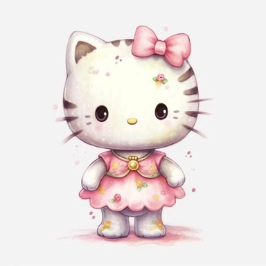 hello kitty, hand drawn, watercolor, clipart, cute cartoon illustration, simple, white background