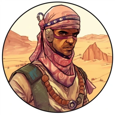 desert Persian Irish civilian, Josh Kirby Mad Max Lord of the Rings, handpainted enamel punk zine indie retrowave, clipart illustration, circle white background, circle border