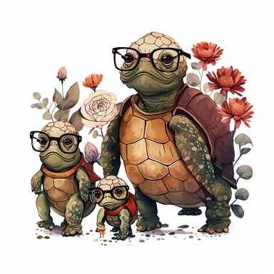Cute turtle and two of his children wearing glasses and walking on a carpet of grass and roses 4K Watercolor Clipart
