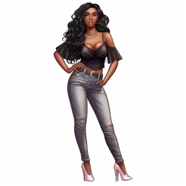 beautiful black teenage girl with beautiful long hair to her waist, dressed casually. Full perspective and, long shot A young black woman with full lips and a big beautiful smile, dressed for a date, has long hair and beautiful shapely legs, wearing heels, clipart in the style of digital airbrushing, feminine sticker art, dollcore, realistic face, realistic body, glamorous,
