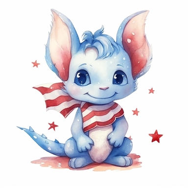 Cute happy Watercolor USA Baby Dragon Clipart, on a white background--s 1000