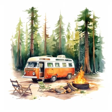 A road trip scene with a lovingly restored retro camper van parked in a scenic campground, surrounded by towering pine trees and a crackling campfire where friends gather to roast marshmallows, clipart, watercolor, white background, american style, extremely - detailed, high quality