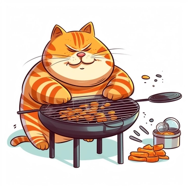 fat chubby cat grilling a sausage on the grill, funny, very funny, clipart with crisp lines and white background