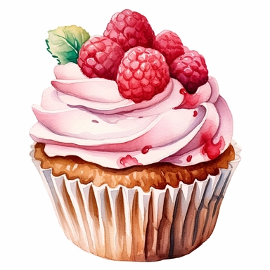 clipart of a cupcake with raspberries, white background, watercolor, high details, crisp details