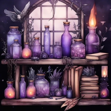Picture of bottles, books, and candles, in the style of dreamlike fantasy creatures, violet and gray, detailed background elements, fairy academia, mysterious backdrops, made of crystals, natural phenomena, watercolor clipart