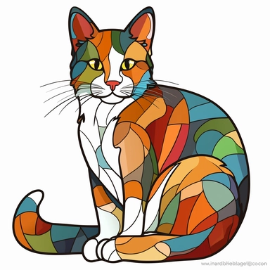 a brightly colored calico cat, Stainglass style white background clipart