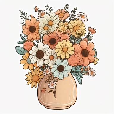 Vase of Flowers Clipart, Sticker, Lovely, Warm Colors, Disney Pixar, Contour, Vector, White Background, Detailed