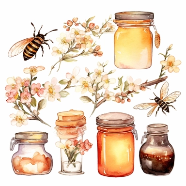Watercolor honey bee clipart in isolated white background, beehives and flower arrangements, spring garden bee and honey drops, casks and jars of honey, in the style of luxurious fabrics, golden and red hues, colorful, storybook-like, bloomcore, gold leaf accents, precis thin lines, pastoral charm, digital print, beatrix potter, high quality, ultra detailed