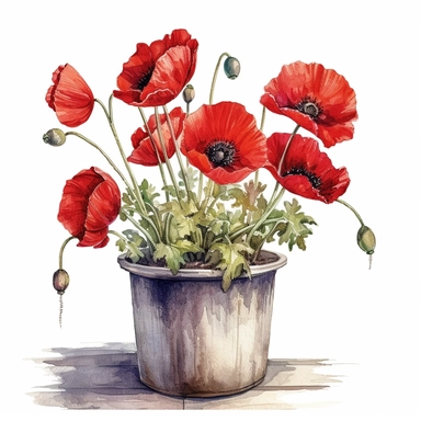 hyperrealism painting , red poppies in a flower pot , white background, watercolor style, farmhouse chic, tempera clipart