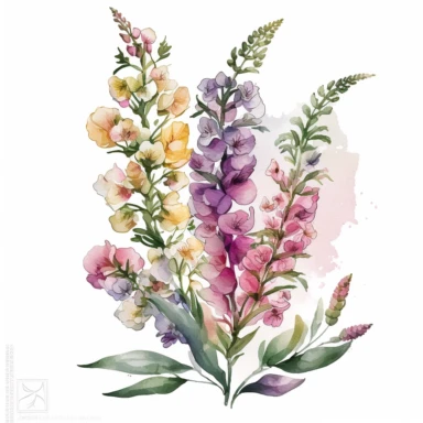 [4311020705] Watercolor clipart. A delicate watercolor composition of a snapdragon bouquet, with the flowers arranged in a harmonious and visually pleasing manner.. White background. No text. No caption. No logo