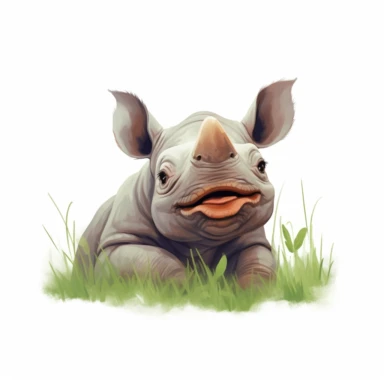 cute rhinoceros calf, rolling joyfully in a grassy meadow, muted tones, clipart, on a white background