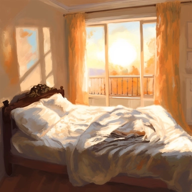 The morning sunlight shines into the window, and there is a bed in the room with oil paintings, White background, Clip Art Style