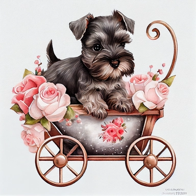 Cute Miniature Schnauzer Puppy valentine, heart wagon, blush tones, Lilla Rogers agency, watercolor, roses, cupid, fairytale, folkart, clipart, white background