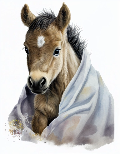 baby horse in a blanket, watercolor clipart, transparent background,