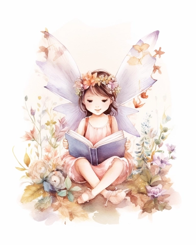 very simple watercolour childrens book style drawing of a cute fairy reading a book surrounded by flowers, pastel colours soft on white background for clipart, 8k