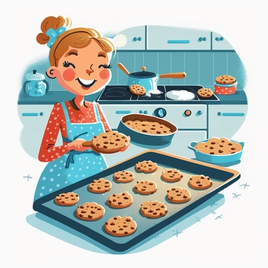 a cute clipart mother is making cookies for breakfast, there is an oven, she is wearing an apron, half body, zoom in the cookies on the baking tray, white transparent background