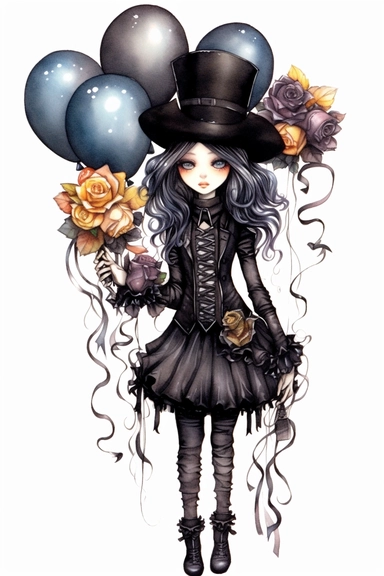 watercolor mixed media goth steampunk girl entire body in goth steampunk birthday bouquet illustration clipart by holly hobbie