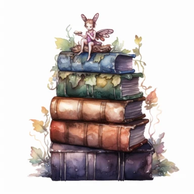 Solid white background, Detailed watercolor/alcohol ink image of a stack of 4 dark earthtone pasel colored gothic spell books with a cute glowing tiny forest fairy sitting on top clipart. The books are realistically detailed, gilded bindings, carved thick leather cover,