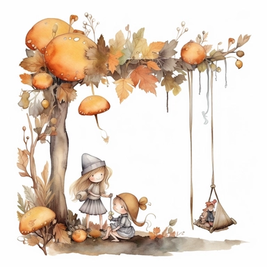 Create a delightful clip art scene featuring a white background with a watercolor grey and light brown hanging banner of leaves and flowers. Sitting on the ground is a group of fairies, having a party and smiling. The scene is filled with mushrooms, flowers and grey leaves, rendered in a gentle watercolor style that evokes a sense of whimsy and childlike wonder. The overall effect is one of joy and happiness, perfect for use in a nursery.
