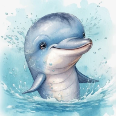 happy cute baby dolphin for kids playing in the swimming, cartoon, highly detailed, watercolor, clipart, illustration, digital painting, paper crafting, no signature, no text
