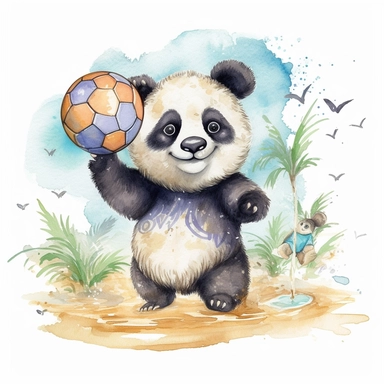 Create a watercolor illustration clipart of a playful cute Baby Panda Playing beach volleyball, with its full body visible. Use soft, flowing brushstrokes and a warm, inviting color palette to create an image that is both charming and whimsical. Incorporate intricate details like the motion of Baby Panda Playing beach volleyball to create a lifelike, realistic image. Can add other elements to the illustration like related item to play to create playful scene. Use white background to allow the wa