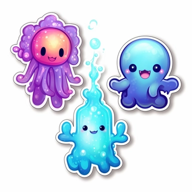 3 stickers with white background and border, emoji clipart as cute water elementals, high res, iridescent, some bioluminescent