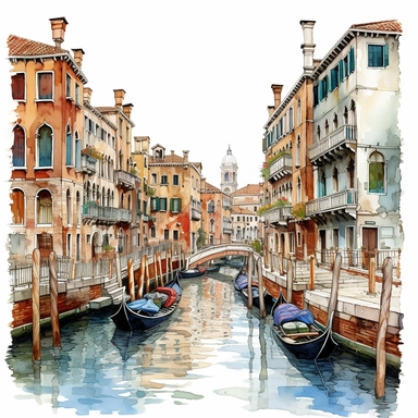 clipart de canales de venecia, acuarela, 16k, hiper minimalista, megapixel, full color, super detailed,insanely detailed and intricate, ultra detallado
